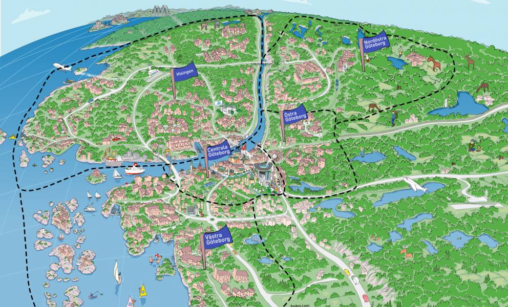 Göteborgskarta 2014 fem områden