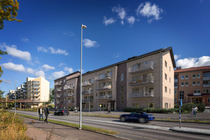 Visualisering av bostadsrättsföreningen Stackmolns tegelklädda bostadshus. Huset består av 35 bostadsrätter fördelat på fyra våningsplan.