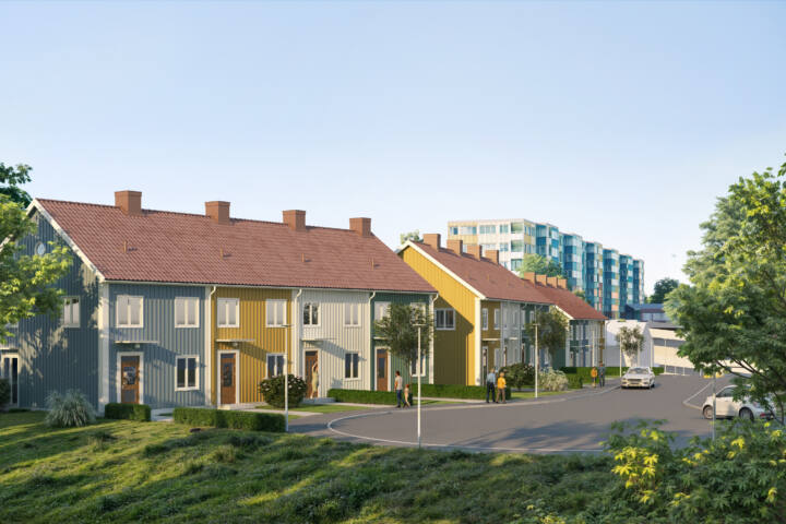 Visualisering över radhusen i kommande Siriusgatan. Bilden är en visualisering och kan skilja sig från verkligheten.