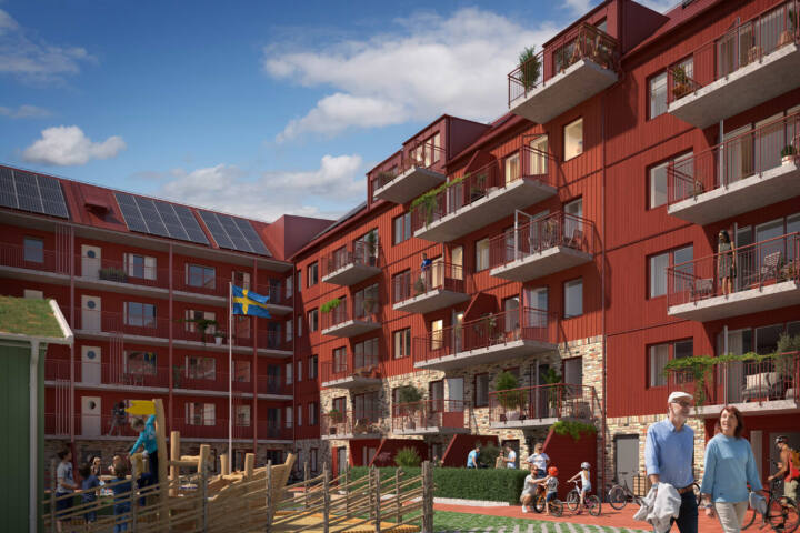 Visualisering över gården i kommande bostadsrättsföreningen Björlanda Ängars gård.