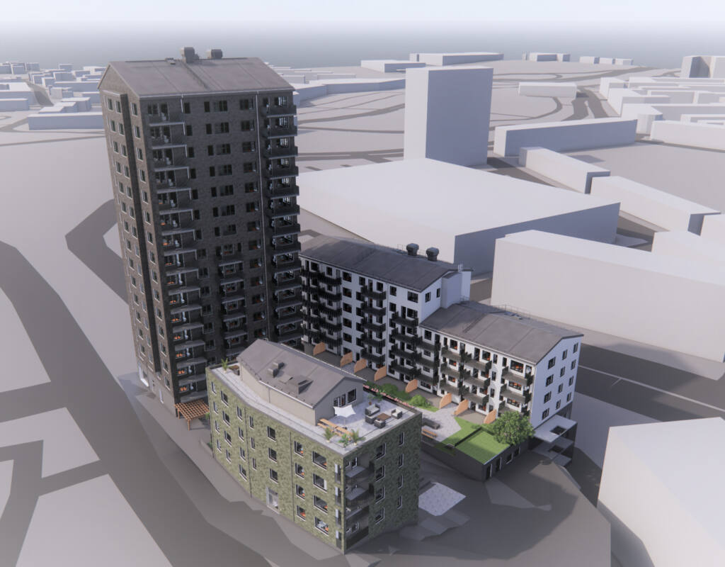 Illustration över de tre bostadshusen i BRF Eriksberget