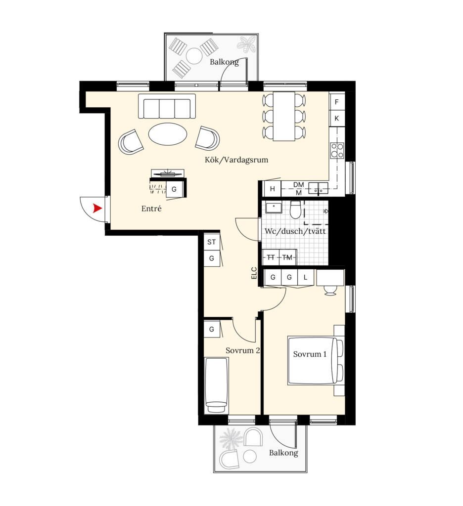 Planskiss över en bostadsrätt på 1-4 rum och kök