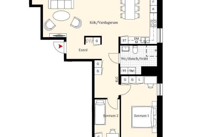 Planritning över en bostadsrätt om 3 rum och kök i Brf Björlanda Ängar.