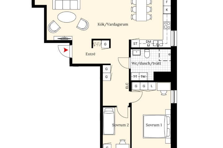 Planritning över en bostadsrätt om 3 rum och kök i Brf Björlanda Ängar.