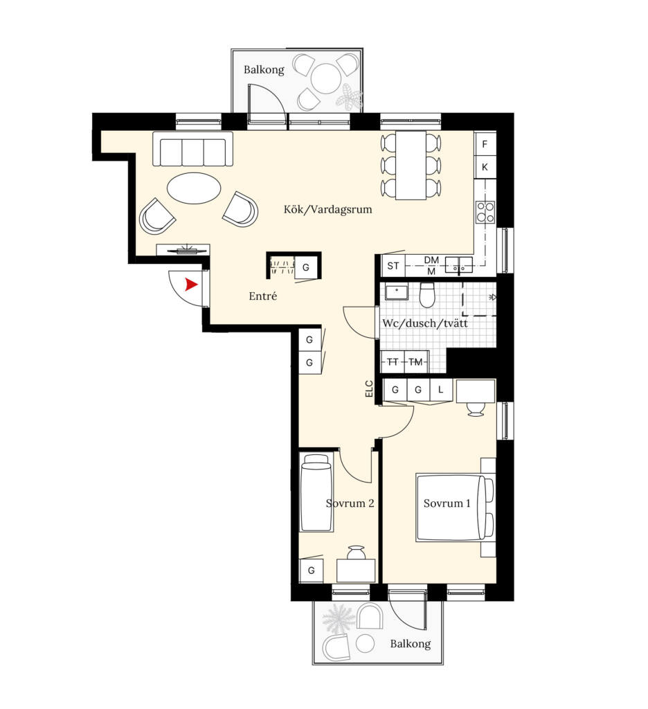 Planritning över en bostadsrätt om 3 rum och kök i Brf Björlanda Ängar.