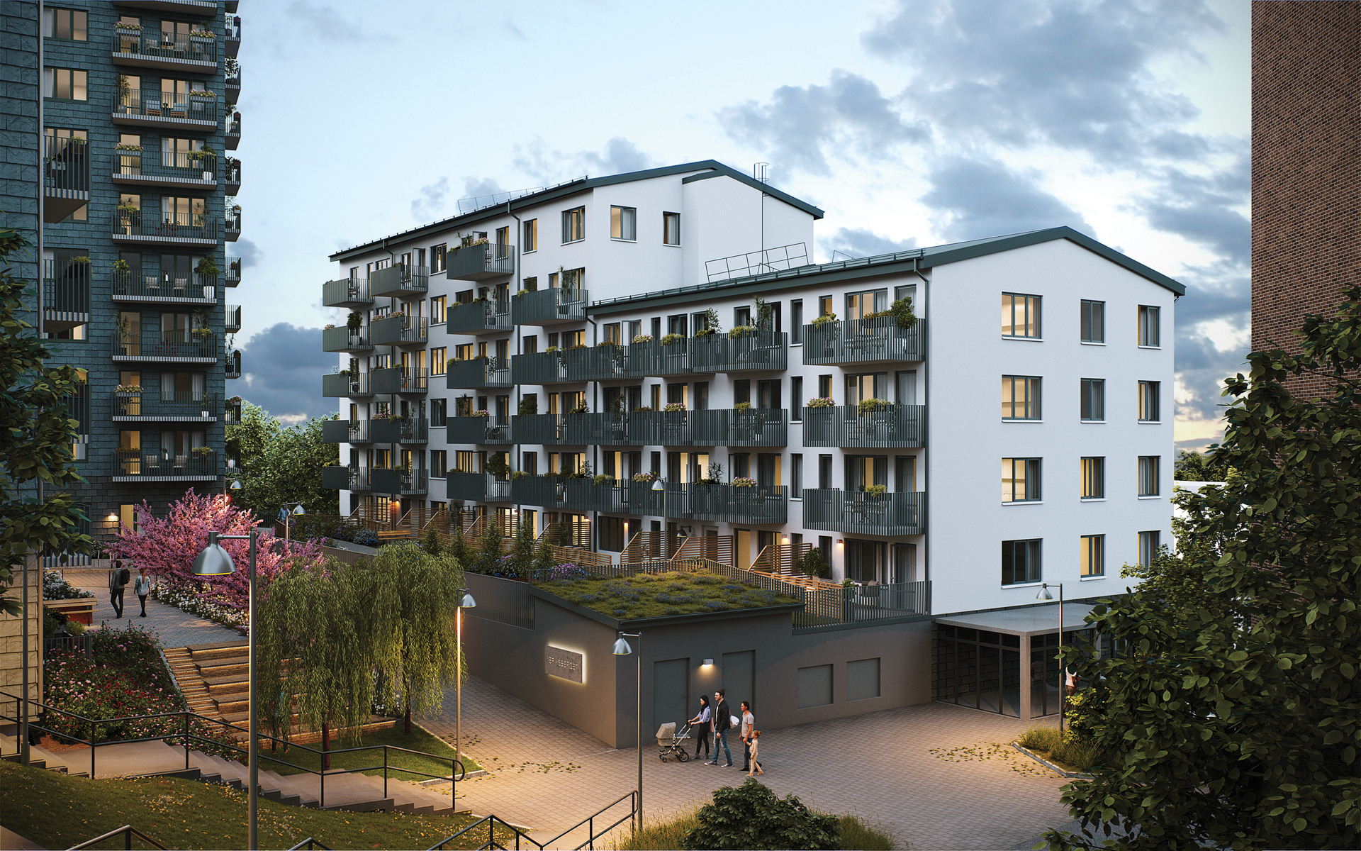 Visualiseringar som visar gården och bostadshuset Flinta i Brf Eriksberget