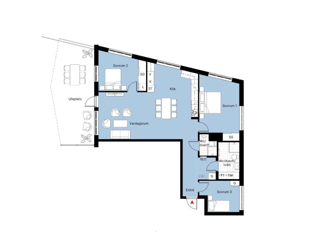 Planritning lägenhet F1-1304 i kommande Brf Eriksberget.