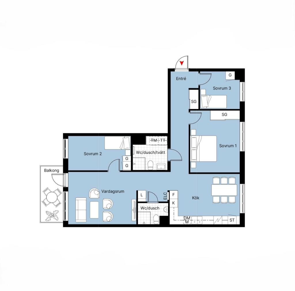 Planritning lägenhet F1-1401, F1-1501, F1-1601, F1-1701, Brf Eriksberget.