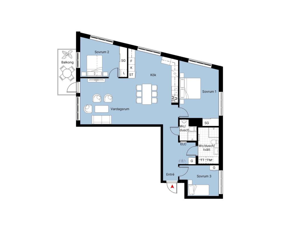 Planritning lägenhet F1-1404, F1-1504, F1-1604, F1-1704, F1-1804 i kommande Brf Eriksberget.