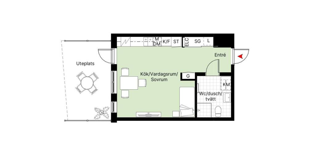 Planritning över en etta (F2-1302) i kommande Brf Eriksberget.
