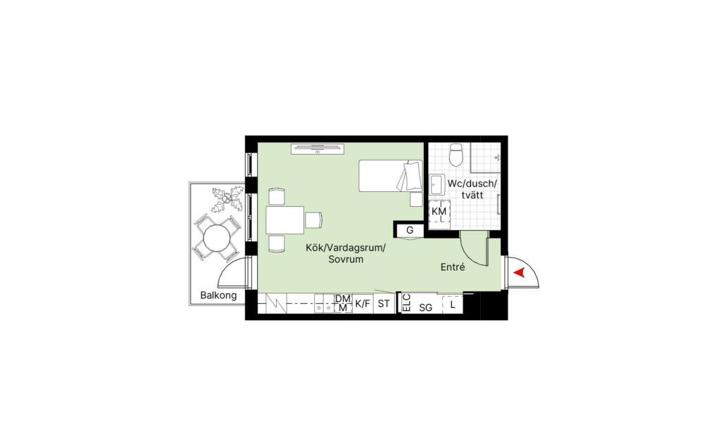 Planritning över ett rum och kök i hus E, Brf Eriksberget.