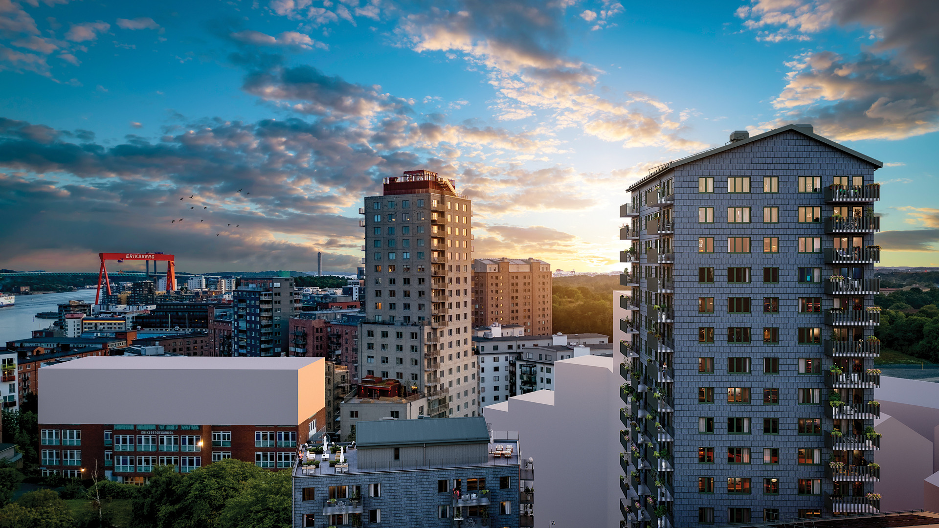 Visualisering över två av Eriksbergets tre bostadshus och den gemensamma takterrassen. Foto: Color