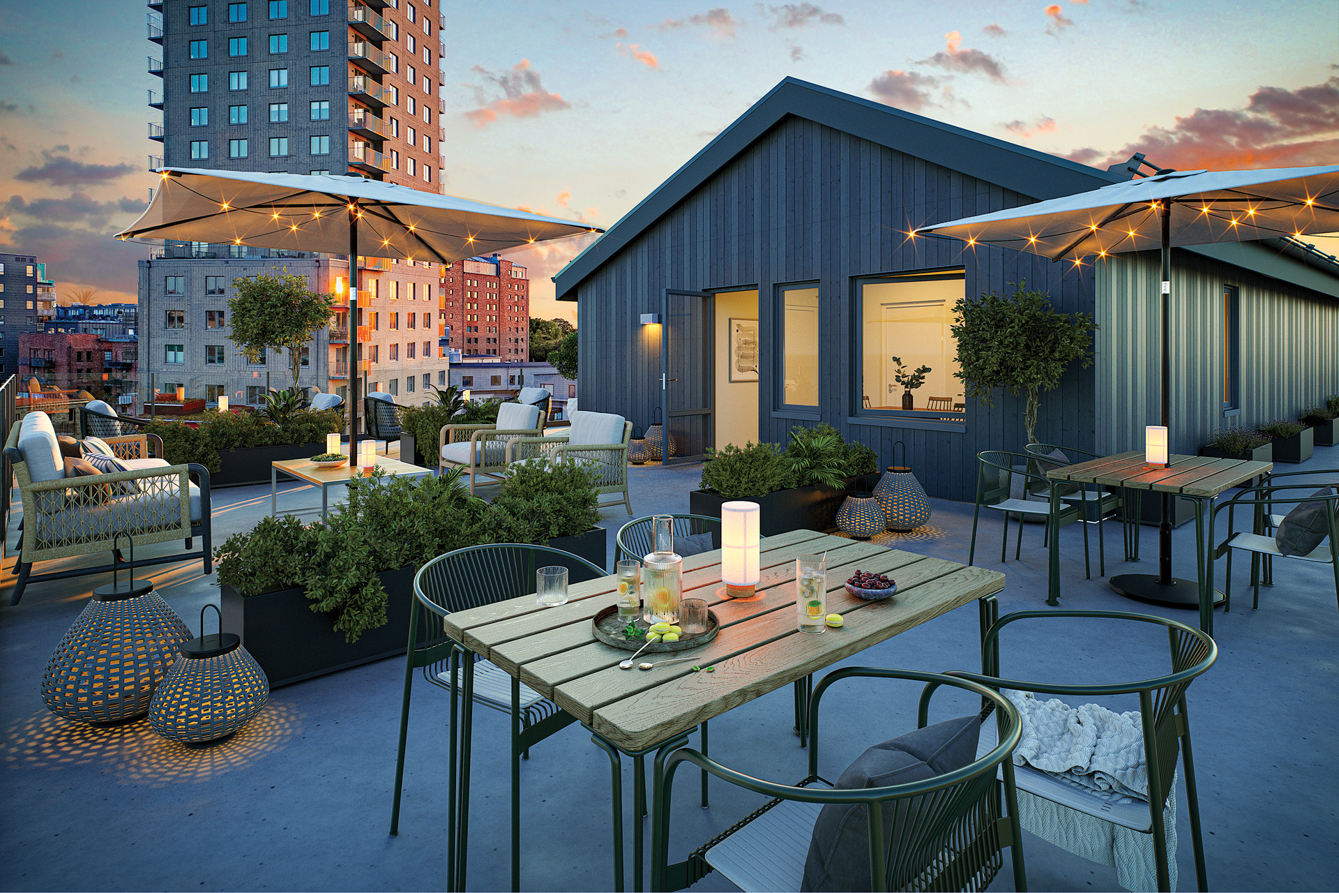 Visualisering över föreningens gemensamma takterrass i Brf Eriksberget, Eriksberg. Foto: Color