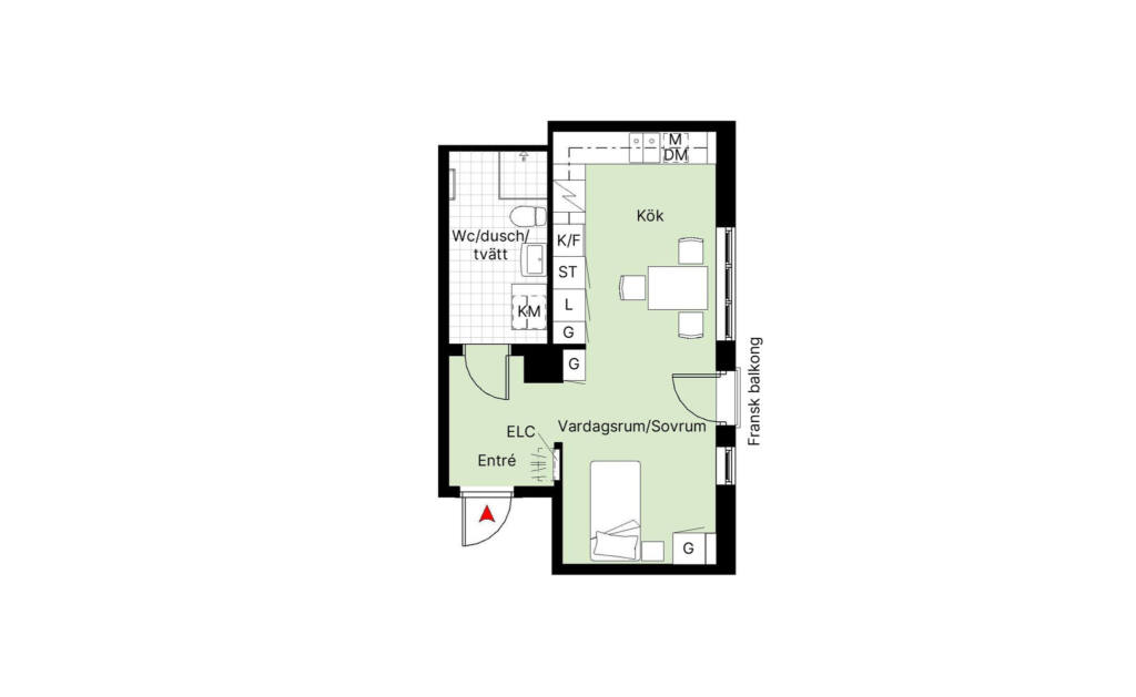 Planritning över ett rum och kök i hus F2, Brf Eriksberget.