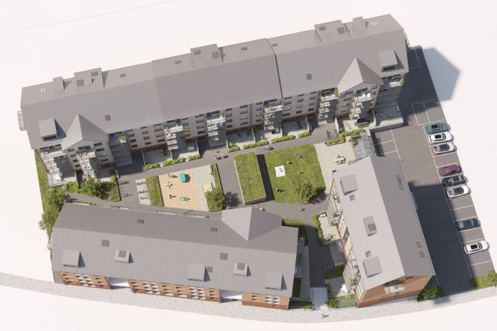 Visualisering över kommande Brf Kvisljungeby Ängars tre bostadshus samt den grönskande gården som binder dem samman.