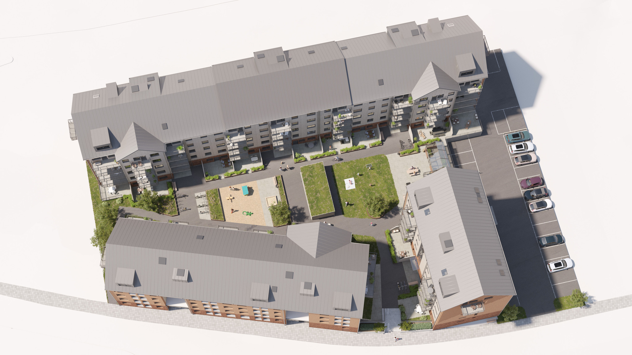 Visualisering över kommande Brf Kvisljungeby Ängars tre bostadshus samt den grönskande gården som binder dem samman.