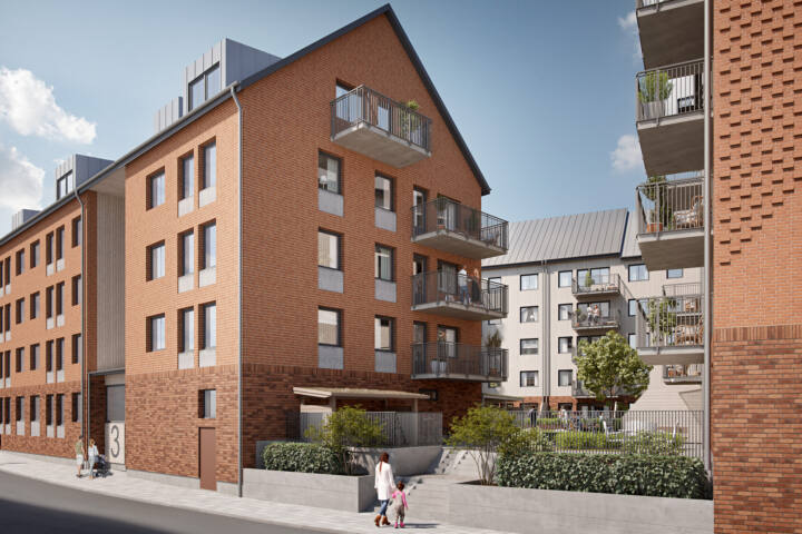 Exteriör visualisering av bostadshusen i kommande Brf Kvisljungeby Ängar i Skra Bro.