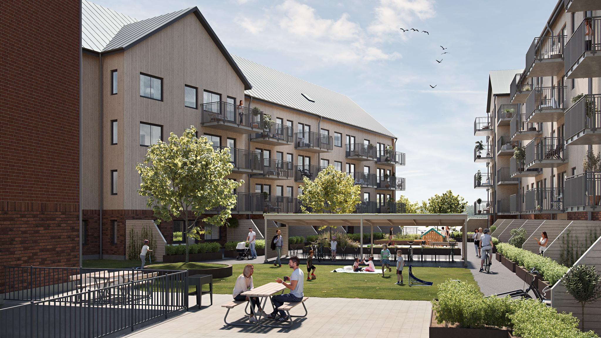 Exteriör visualisering över den inbjudande gården i kommande Brf Kvisljungeby Ängar, Skra Bro.