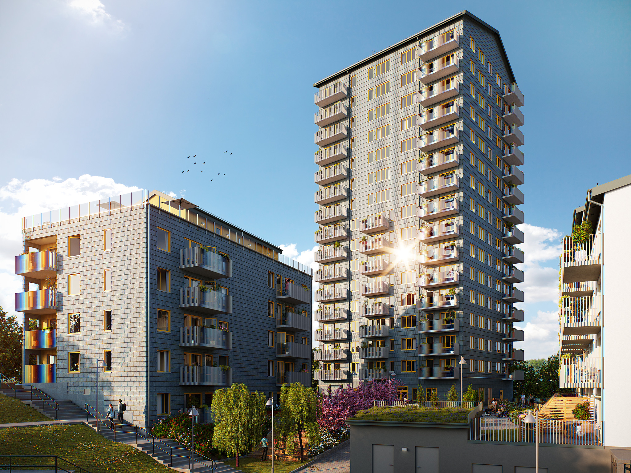 Visualisering över en naturskön gård som omringas av tre flerbostadshus: Granit, Emerald och Flinta.