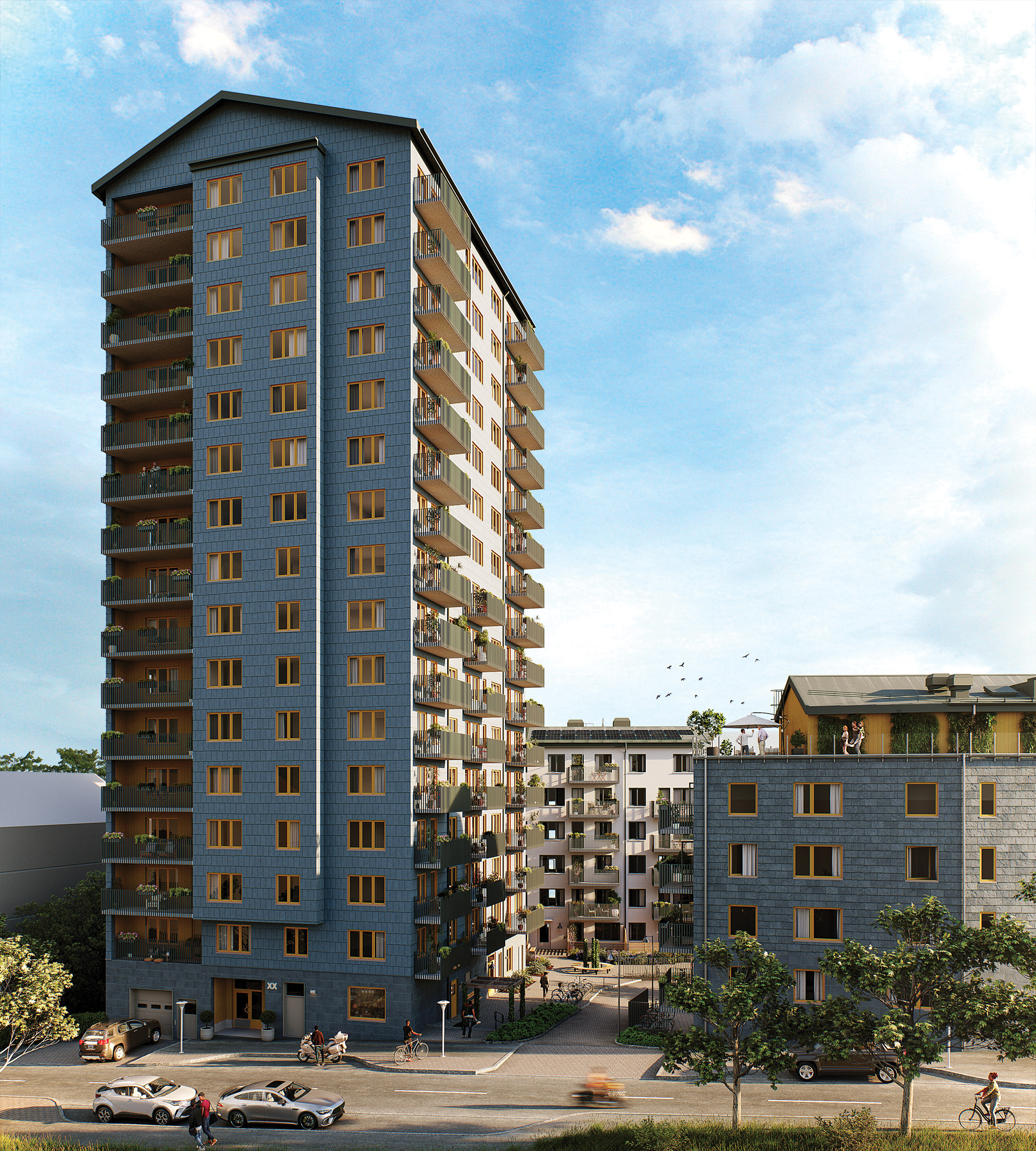 Visualisering över det grå höghuset Emerald  i kommande Brf Eriksberget på Eriksberg. Till vänster om huset skymtar Hus Granit i grått och föreningens gemensamma takterrass samt Celsiusgatan.