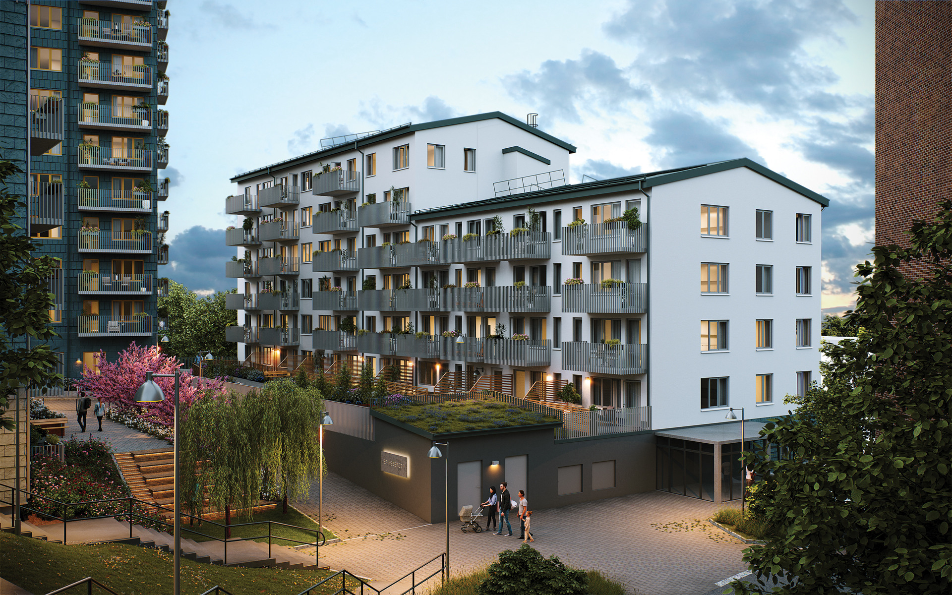 Visualisering över kommande Eriksbergets natursköna gård samt kommande bostadshuset Flinta i vit kulör. Till vänster kan man skymta föreningens höghus Emerald.