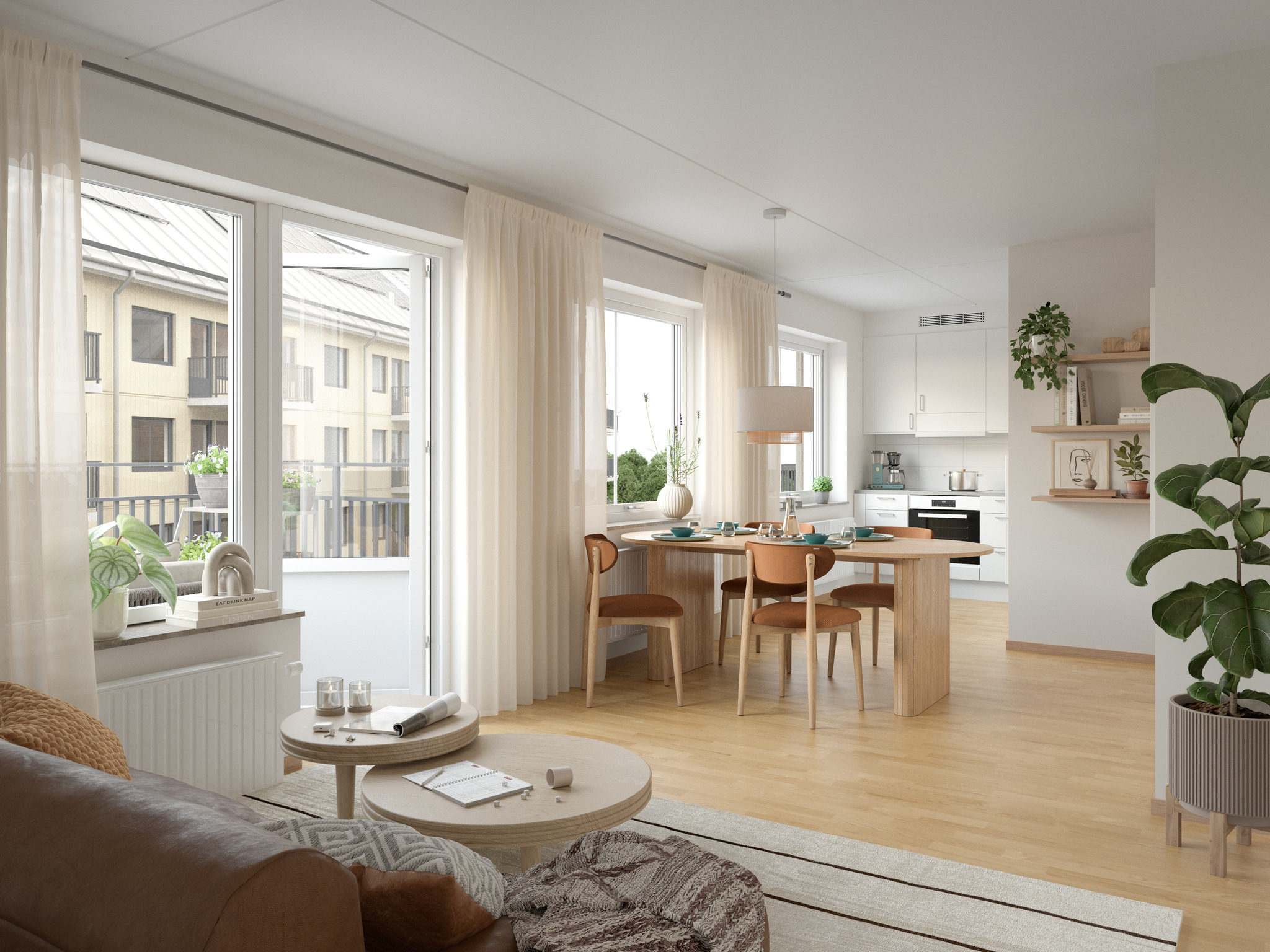 Visualisering av ett ljust vardagsrum med öppen planlösning i kommande Brf Kvisljungeby Ängar.