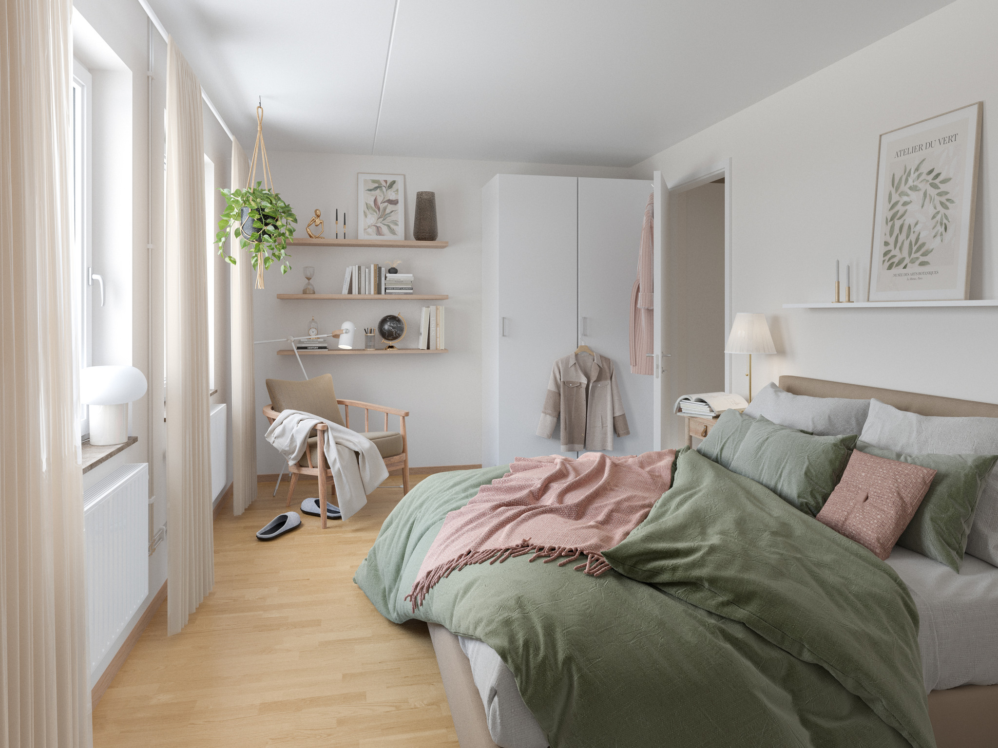 Visualisering över ett sovrum med en rymlig säng och trägolv i kommande Kvisljungeby Ängar.