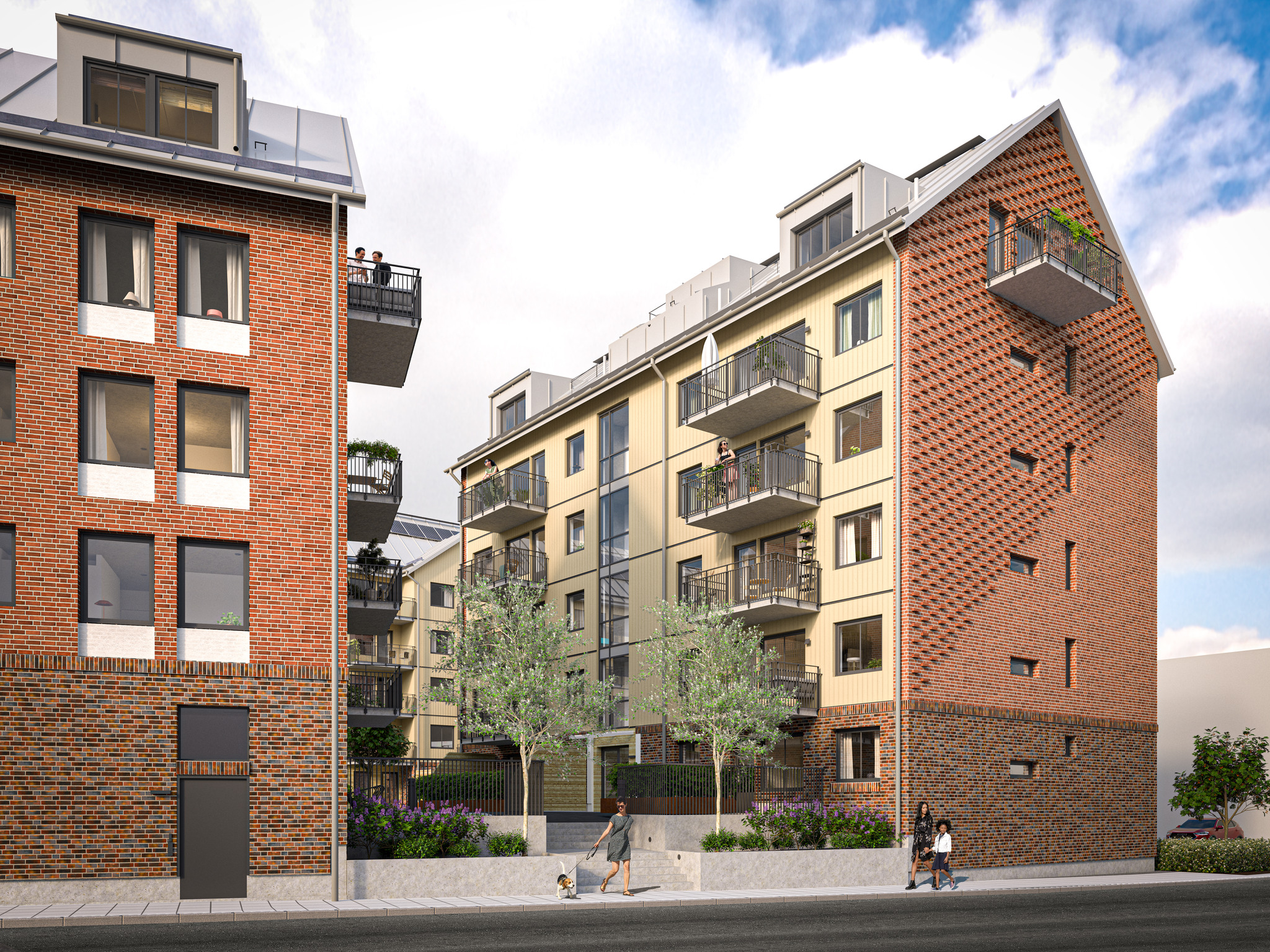 Flerbostadshus med bostadsrätter. Fasad i rött tegel och ljus träpanel.