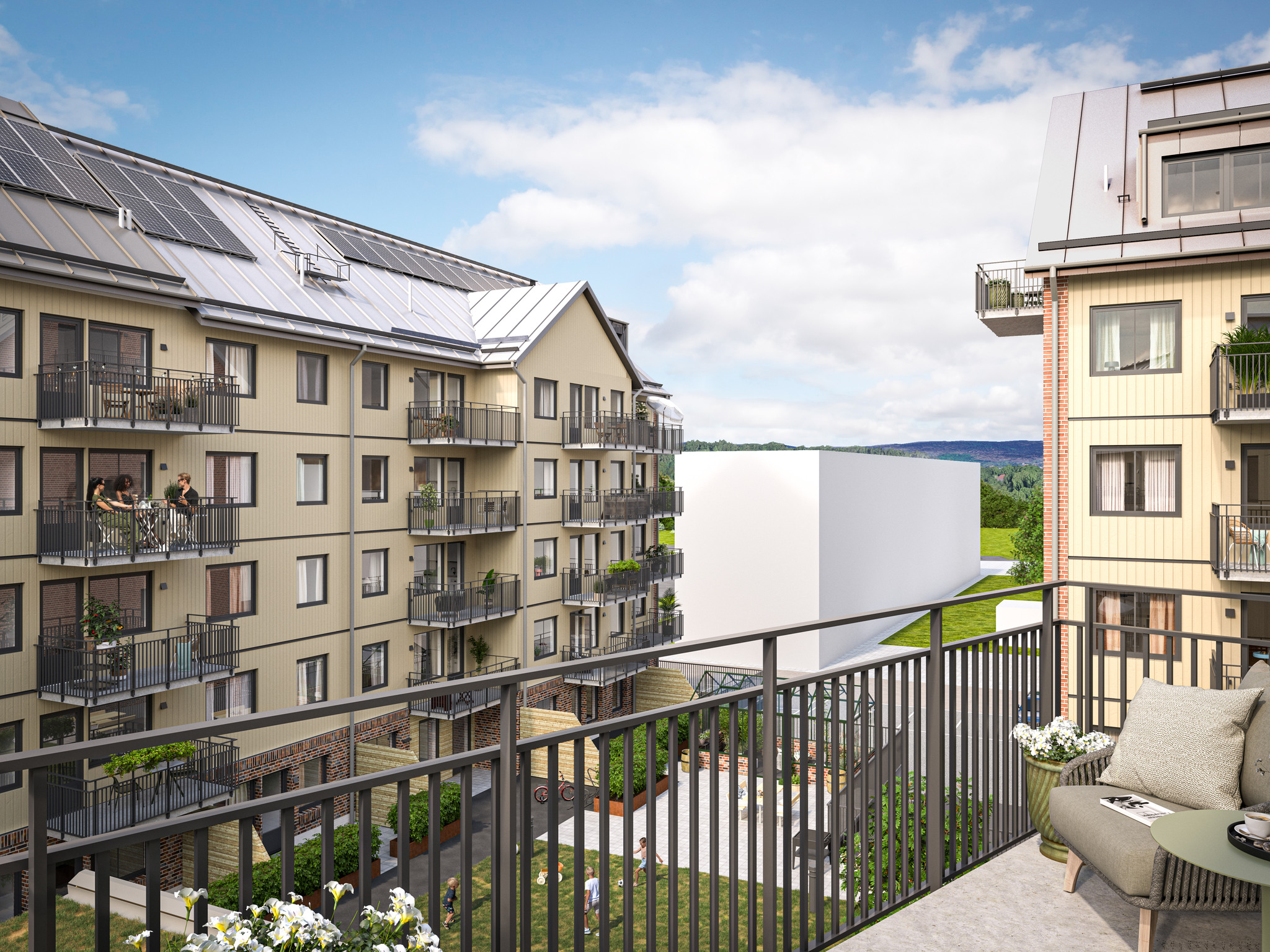 Visualisering över en balkong med utsikt över den grönskande innergården i Brf Kvisljungeby Ängar.