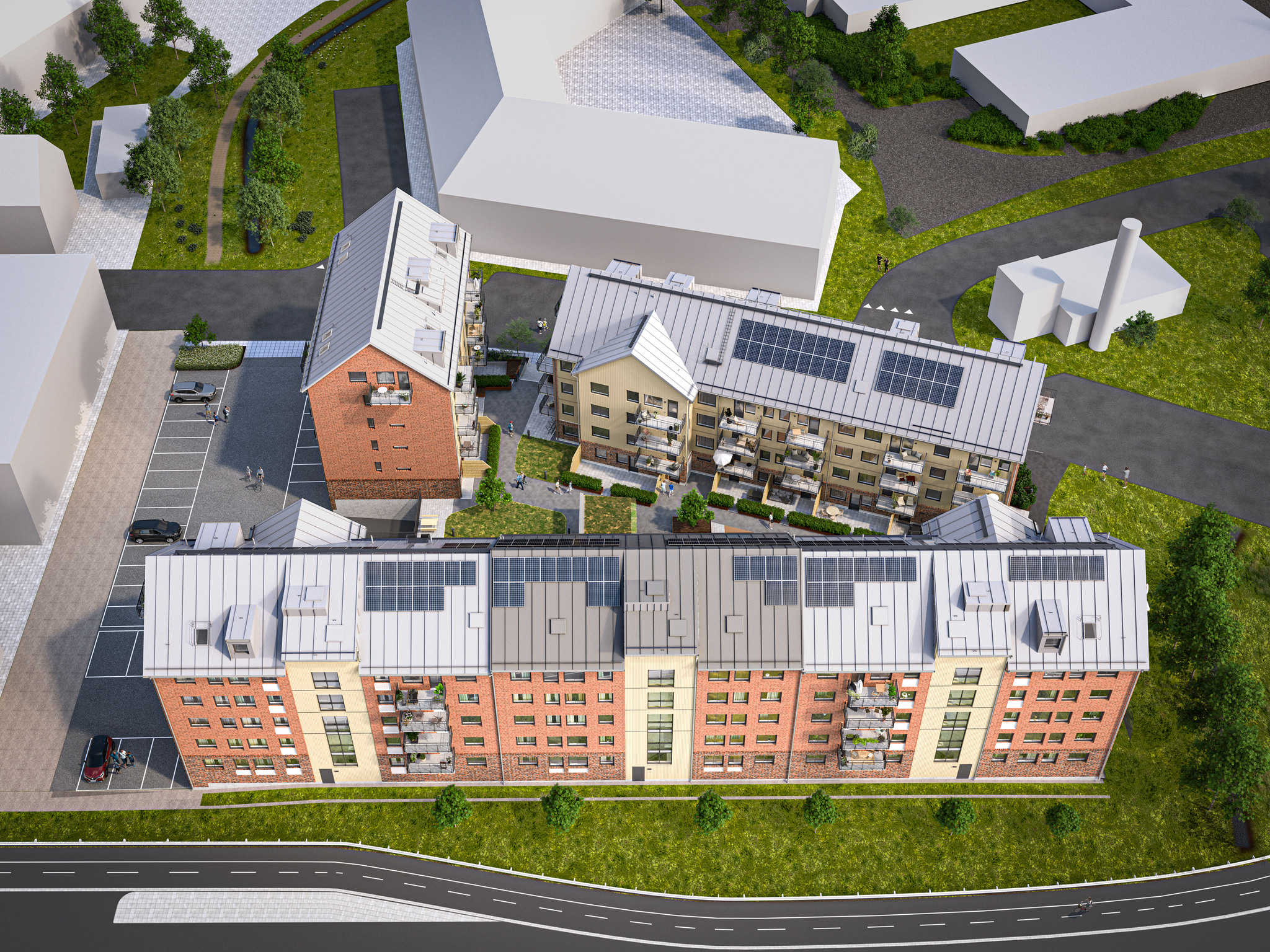 Flygbilds visualisering över de tre bostadshusen i kommande Brf Kvisljungeby Ängar.