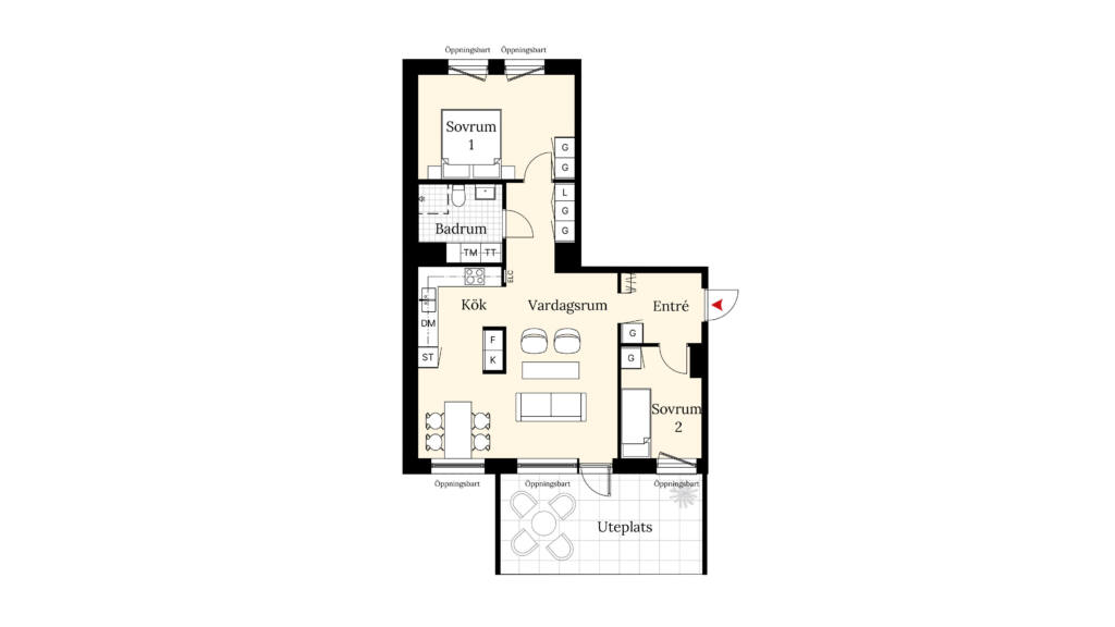 En planritning över en lägenhet om tre rum och kök. Lägenheten har två sovrum, ett badrum, uteplats samt en öppen planlösning mellan vardagsrum och kök. Foto: Visualisera