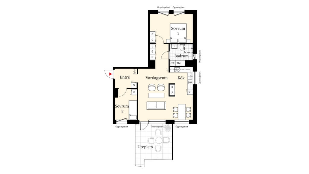 Planritning över en lägenhet med två sovrum, öppet vardagsrum och kök, badrum samt entré. Från vardagsrummet är det utgång till en markbelägen uteplats. Sovrum 1 ligger intill badrummet och köket, sovrum 2 vid entrén, och flera garderober är utmärkta i hallen och sovrummen.