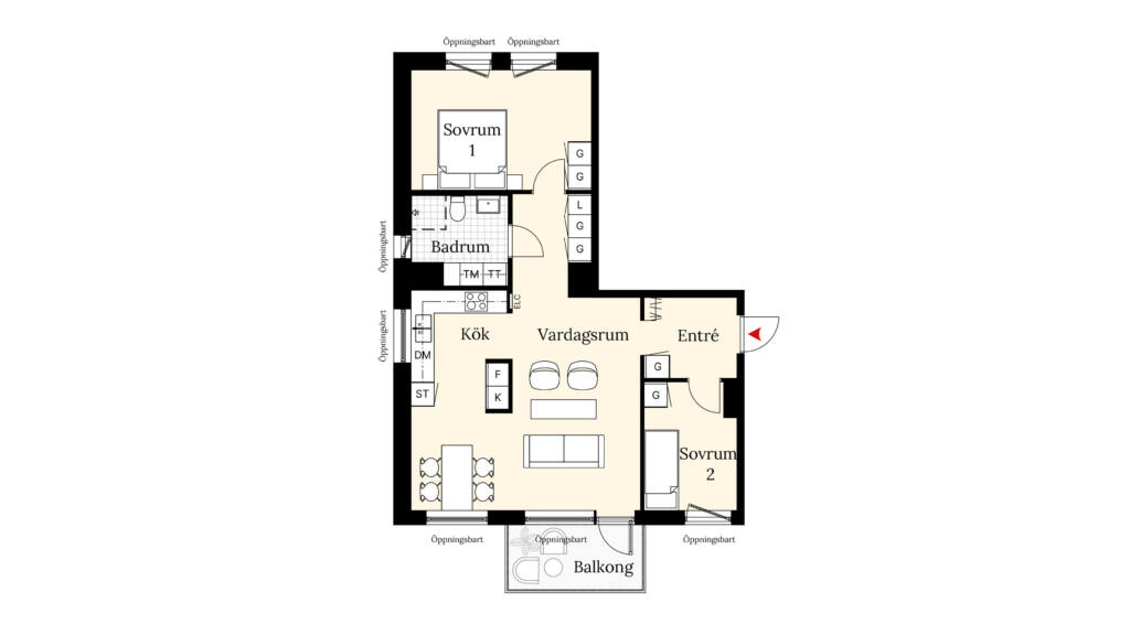 Planritning över en 3:a med öppen planlösning mellan kök och vardagsrum, två sovrum varav ett mot lugn innergård, badrum med tvättmöjligheter, bra förvaring i hall och sovrum samt balkong i anslutning till vardagsrummet.