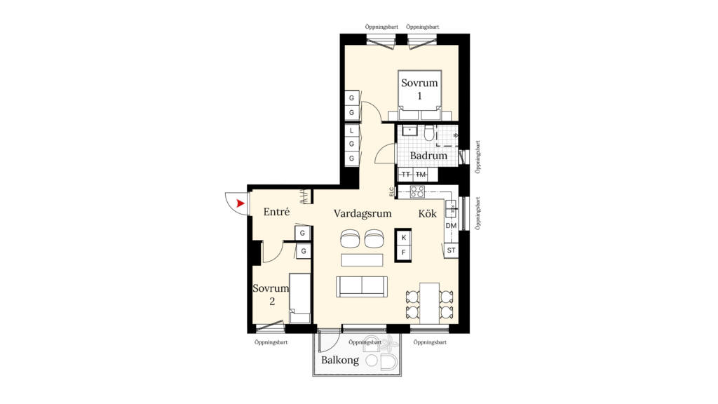 Planritning över en lägenhet med två sovrum, öppen planlösning mellan vardagsrum och kök, samt badrum. Från vardagsrummet är det utgång till en balkong. Sovrum 1 ligger intill badrummet, sovrum 2 vid entrén.
