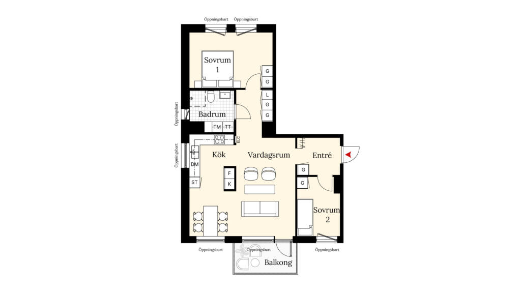 Planritning över en 3 rok med öppen planlösning mellan kök och vardagsrum, två separata sovrum, badrum med tvättmaskin och torktumlare, bra förvaringsmöjligheter i hall och sovrum samt balkong i anslutning till vardagsrummet.