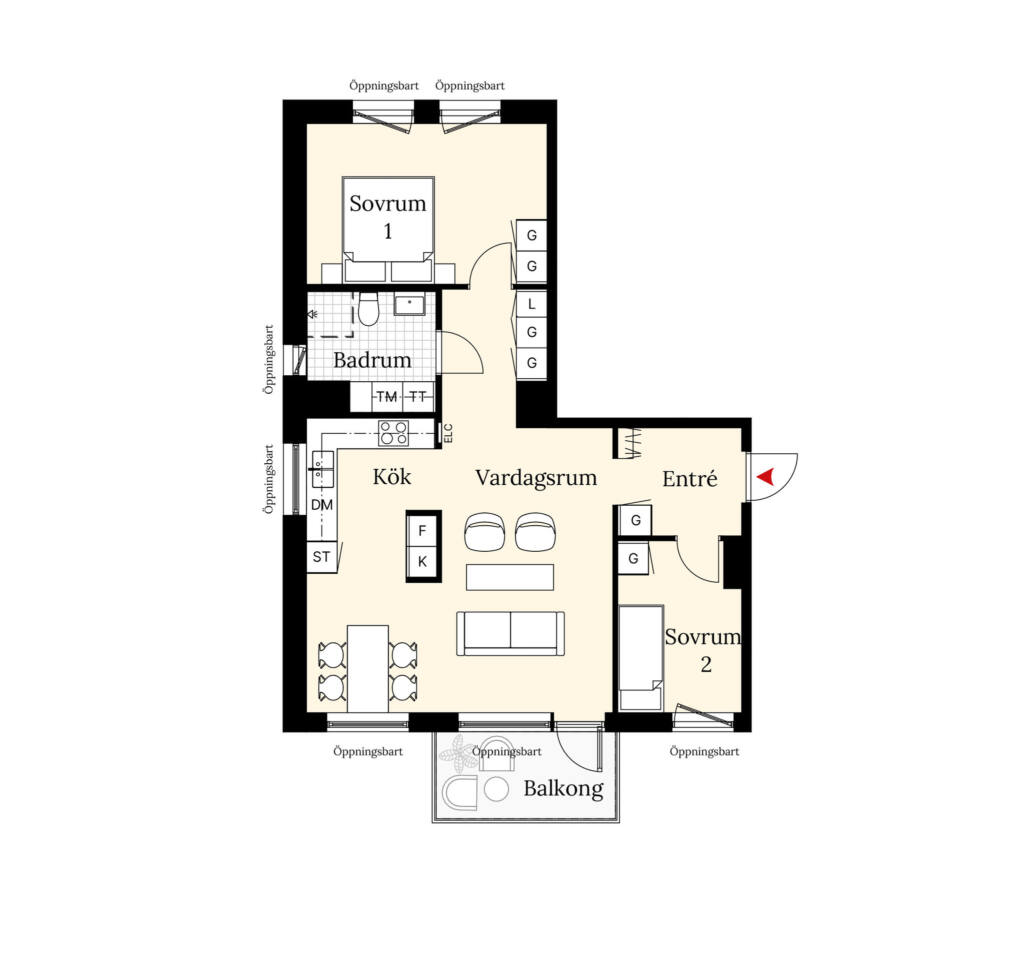 En planritning över en lägenhet om tre rum och kök. Lägenheten har två sovrum, ett badrum, balkong samt en öppen planlösning mellan vardagsrum och kök.