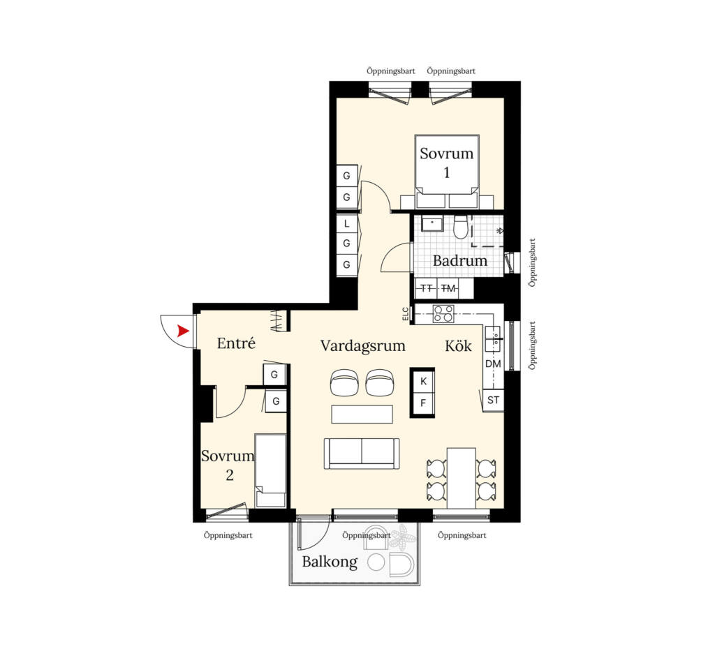 En planritning över en lägenhet om tre rum och kök. Lägenheten har två sovrum, ett badrum, balkong samt en öppen planlösning mellan vardagsrum och kök.