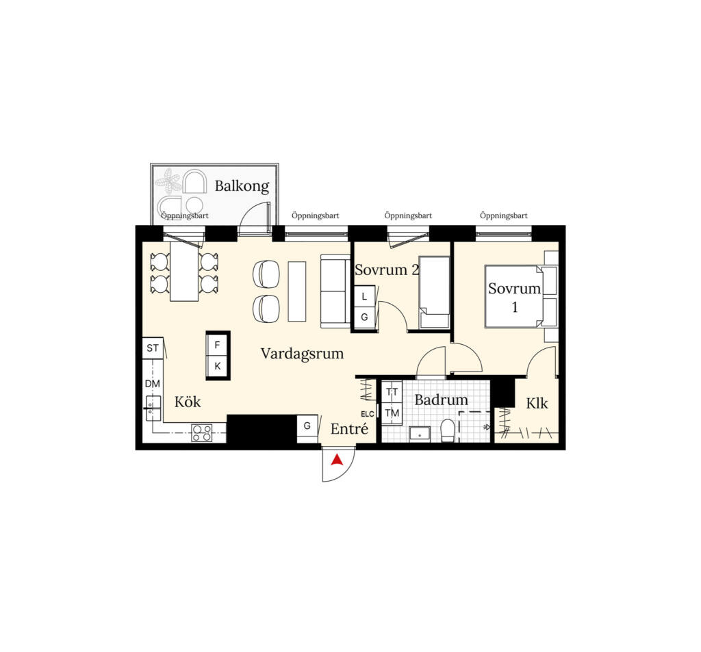 En planritning över en lägenhet om tre rum och kök. Lägenheten har två sovrum, ett badrum, balkong samt en öppen planlösning mellan vardagsrum och kök.