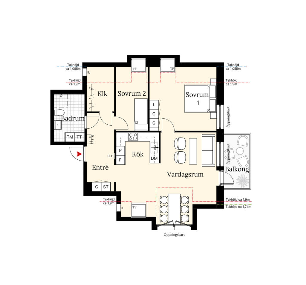 En planritning över en vindslägenhet med snedtak om tre rum och kök. Lägenheten har två sovrum, ett badrum, balkong samt en öppen planlösning mellan vardagsrum och kök.