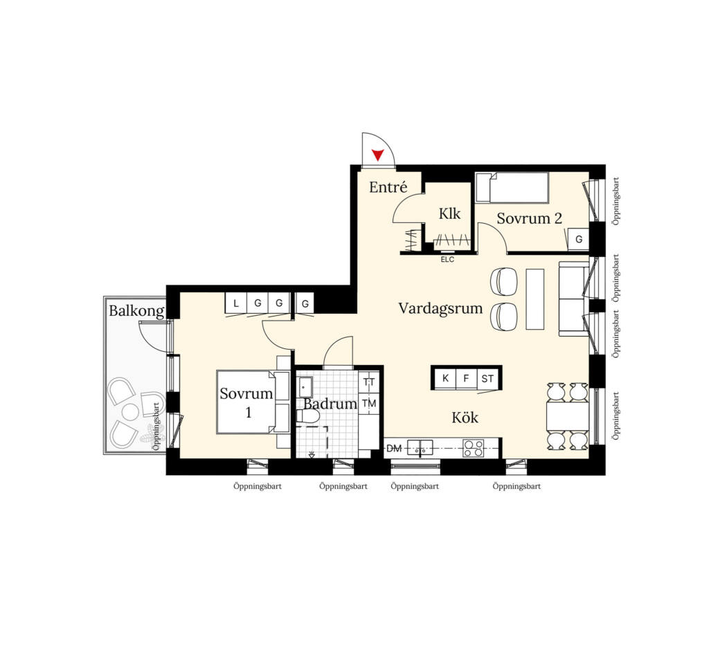 En planritning över en lägenhet om tre rum och kök. Lägenheten har två sovrum, ett badrum, balkong samt en öppen planlösning mellan vardagsrum och kök.