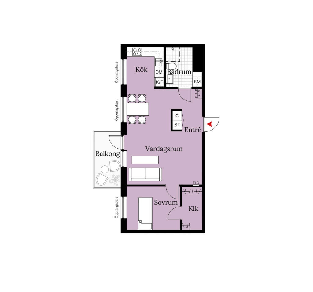 En planritning över en lägenhet om två rum och kök. Lägenheten har ett sovrum, ett badrum, balkong samt en öppen planlösning mellan vardagsrum och kök.