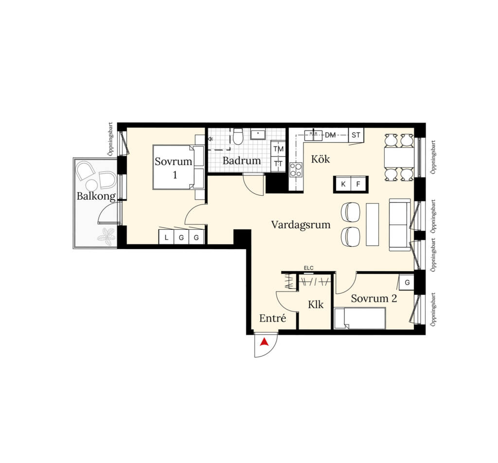 En planritning över en lägenhet om tre rum och kök. Lägenheten har två sovrum, ett badrum, balkong samt en öppen planlösning mellan vardagsrum och kök.