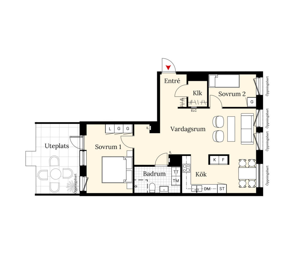 En planritning över en lägenhet om tre rum och kök. Lägenheten har två sovrum, ett badrum, balkong samt en öppen planlösning mellan vardagsrum och kök.