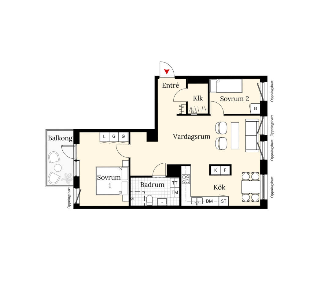En planritning över en lägenhet om tre rum och kök. Lägenheten har två sovrum, ett badrum, balkong samt en öppen planlösning mellan vardagsrum och kök.