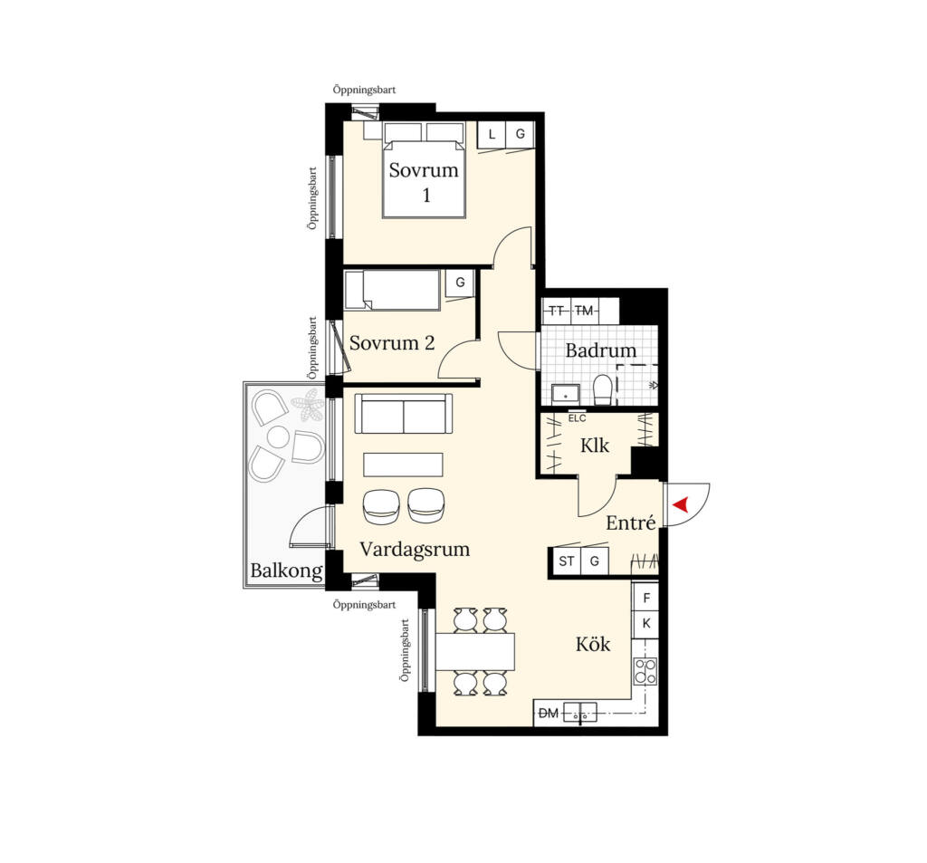 En planritning över en lägenhet om tre rum och kök. Lägenheten har två sovrum, ett badrum, balkong samt en öppen planlösning mellan vardagsrum och kök.
