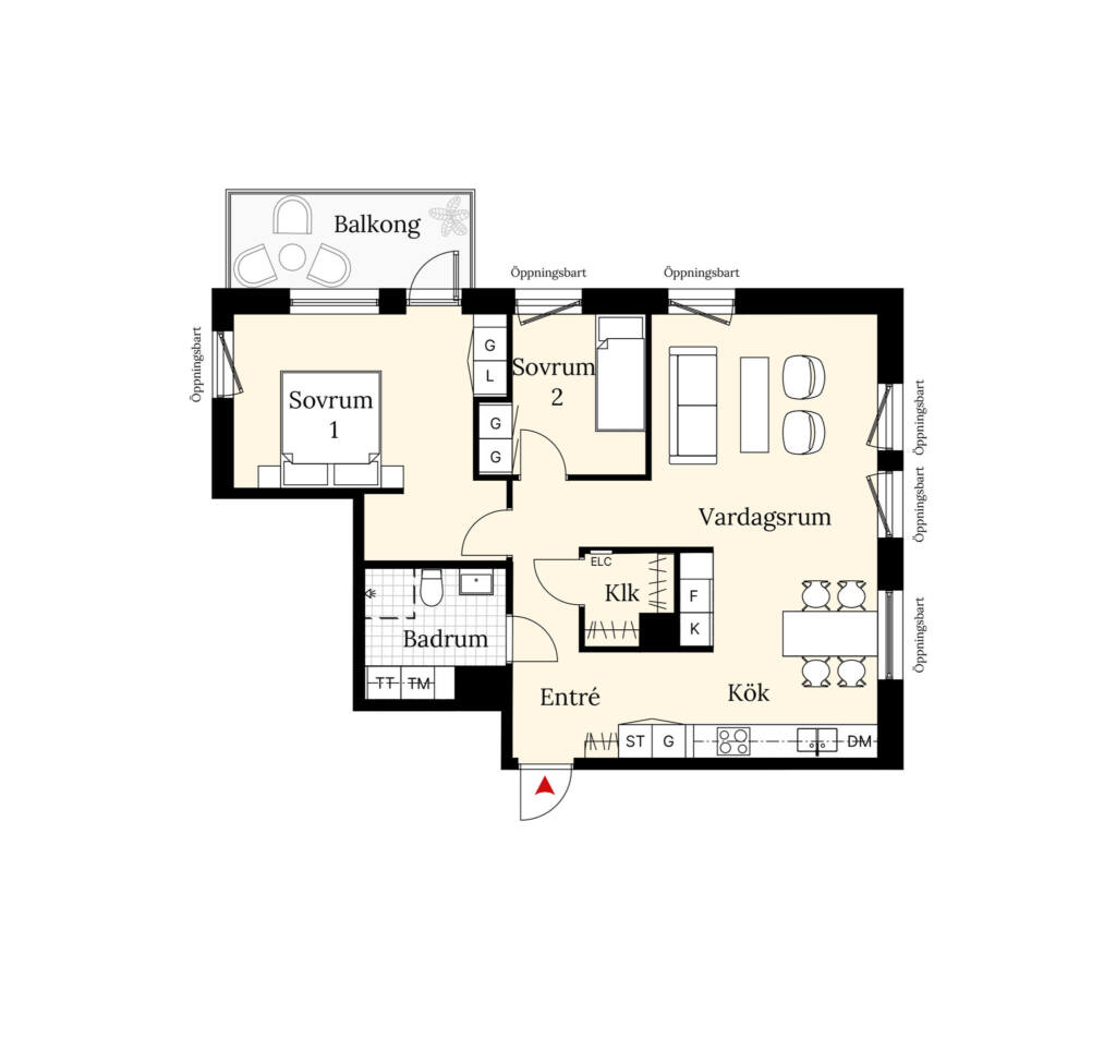 En planritning över en lägenhet om tre rum och kök. Lägenheten har två sovrum, ett badrum, balkong samt en öppen planlösning mellan vardagsrum och kök.