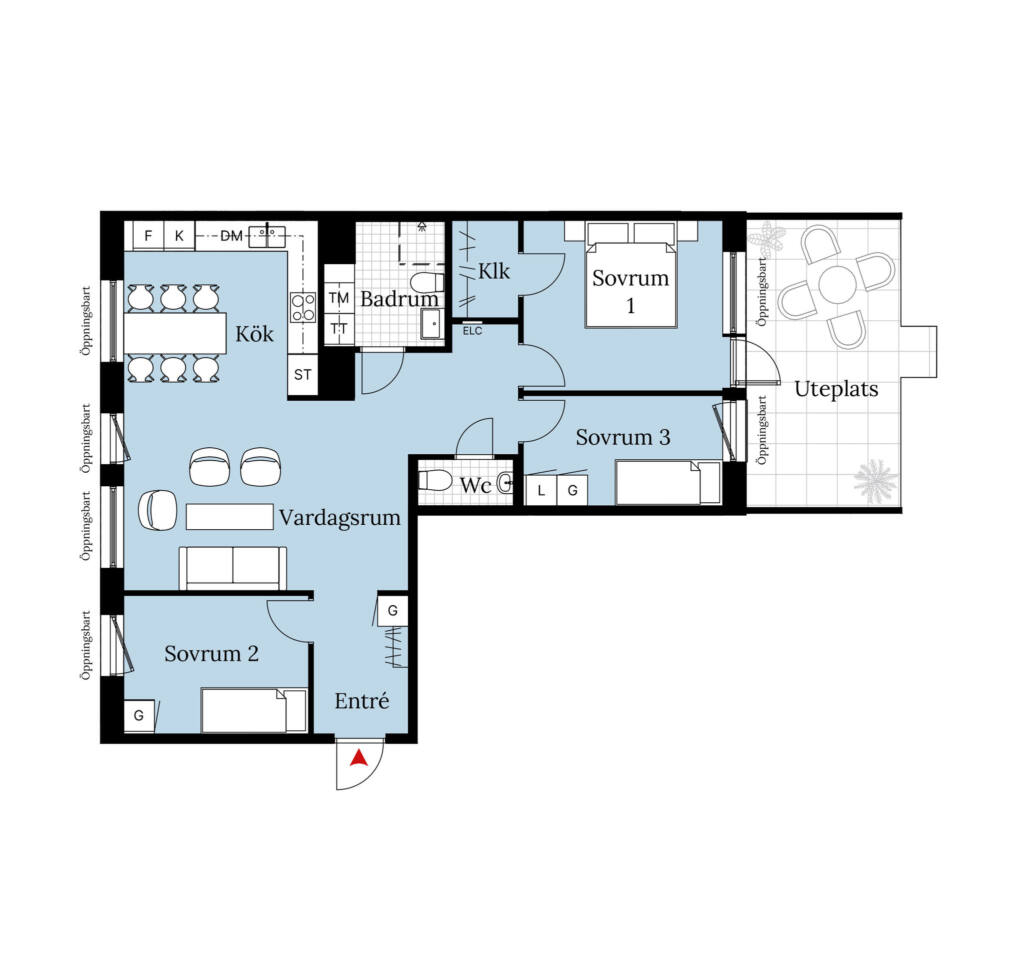 En planritning över en lägenhet om fyra rum och kök. Lägenheten har tre sovrum, ett badrum, en WC, uteplats samt en öppen planlösning mellan vardagsrum och kök.
