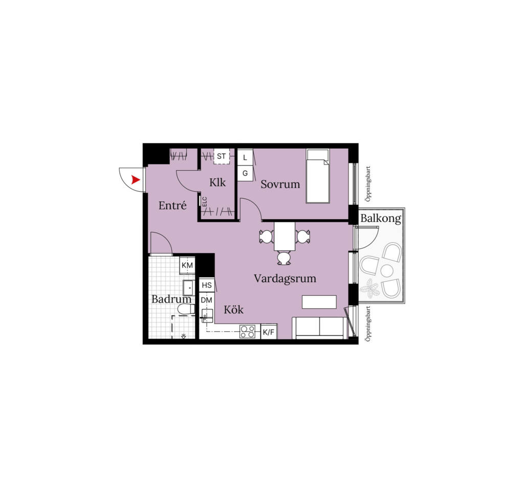 En planritning över en lägenhet om två rum och kök. Lägenheten har ett sovrum, ett badrum, balkong samt en öppen planlösning mellan vardagsrum och kök.