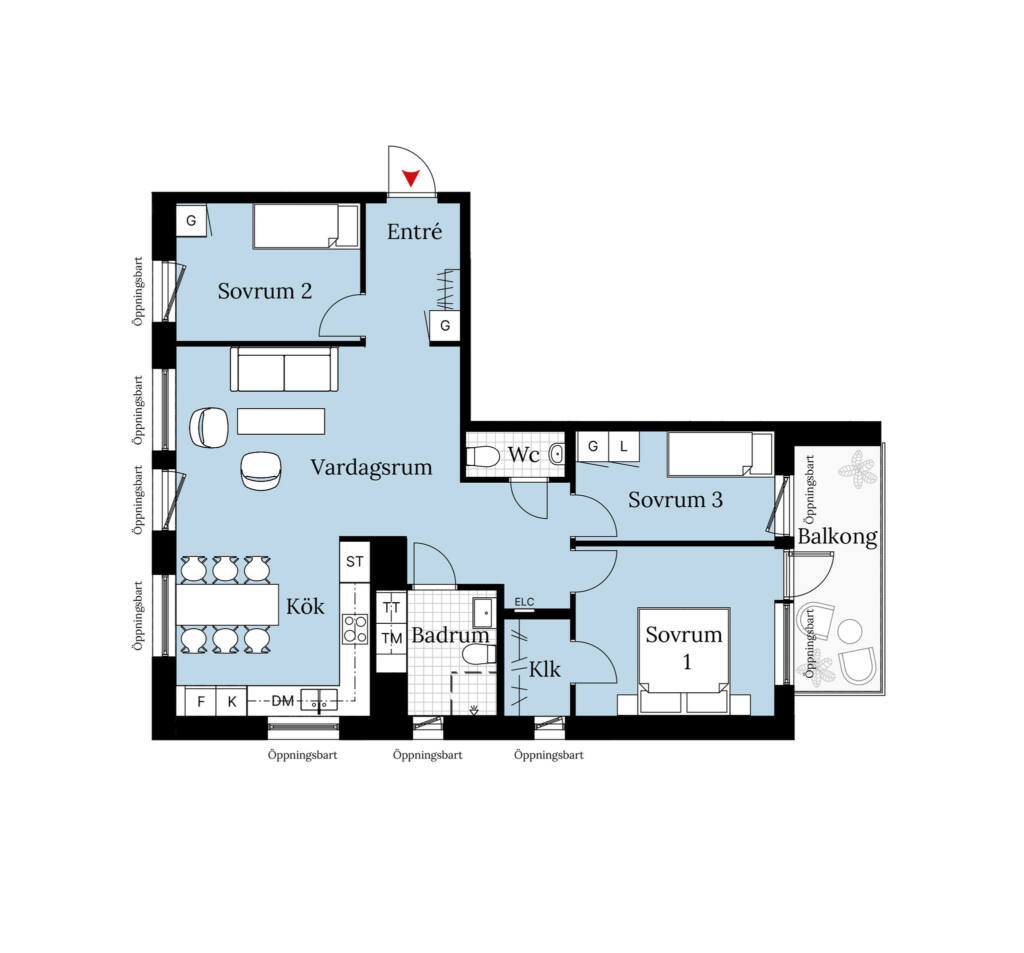 En planritning över en lägenhet om fyra rum och kök. Lägenheten har tre sovrum, ett badrum, en WC, balkong samt en öppen planlösning mellan vardagsrum och kök.