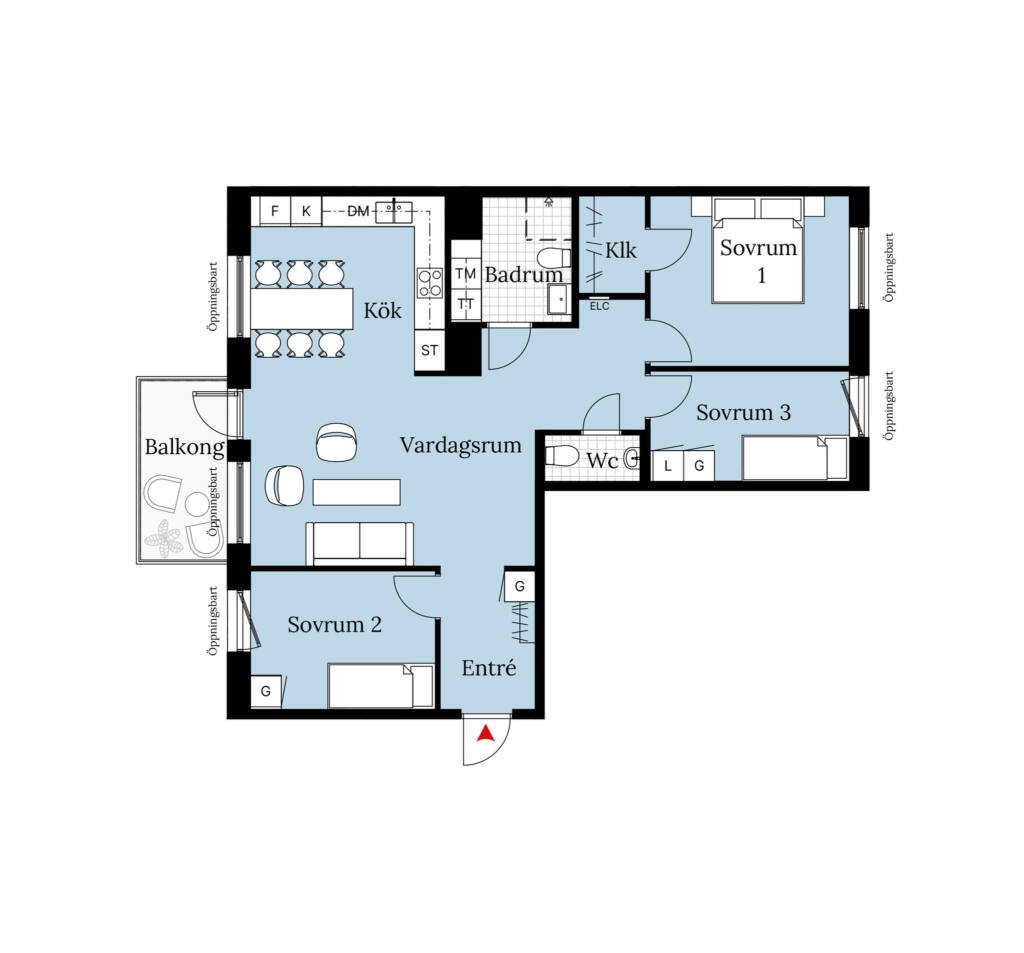 En planritning över en lägenhet om fyra rum och kök. Lägenheten har tre sovrum, ett badrum, en WC, balkong samt en öppen planlösning mellan vardagsrum och kök.